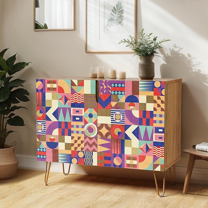SIGNWIN Sideboard Buffet Cabinet, Kitchen Storage Cabinet with 2 Doors, Vibrant Polygon Collage Patterns, Cupboard Console Table for Dining Room - 35" L x 18" W x 29" H