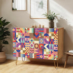 SIGNWIN Sideboard Buffet Cabinet, Kitchen Storage Cabinet with 2 Doors, Vibrant Polygon Collage Patterns, Cupboard Console Table for Dining Room - 35" L x 18" W x 29" H