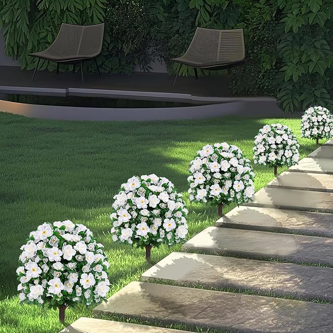 Artificial Boxwood Topiary Ball Trees with Ground Spikes UV Resistant Faux Greenery Shrubs Fake Shrubs for Outdoors, Realistic Faux Plants Bushes for Garden Porch Yard Patio Decor (White)