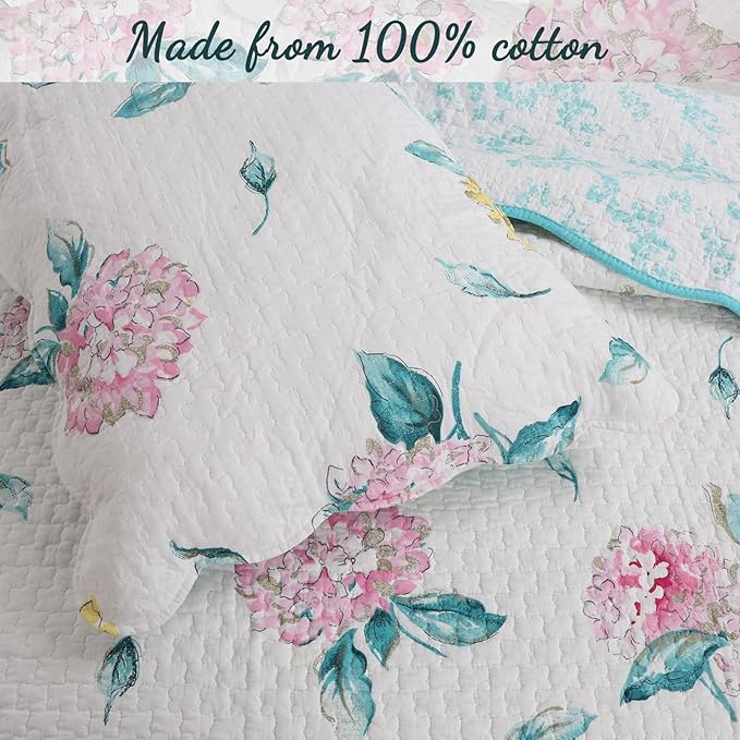 Cozy Line Home Fashions Turquoise Blue Floral Hydrangea Garden Leaf 100% Cotton Reversible Quilt Bedding Set, Coverlet, Bedspread (Valencia Bloom, King - 3 Piece)