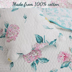 Cozy Line Home Fashions Turquoise Blue Floral Hydrangea Garden Leaf 100% Cotton Reversible Quilt Bedding Set, Coverlet, Bedspread (Valencia Bloom, Queen - 3 Piece)