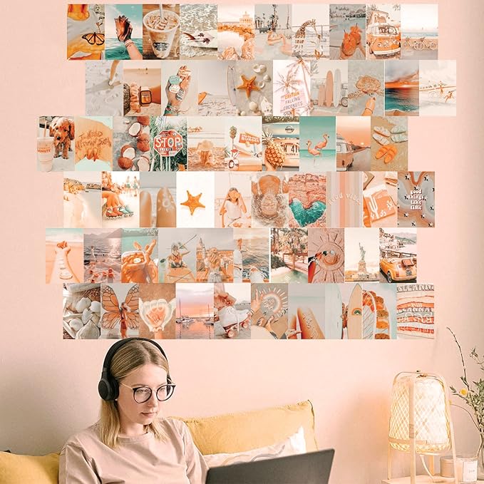 TRAMIN Peach Beach Posters, Wall Art Print for Room, Boho Style Collage Kit Aesthetic Pictures, 100 Pcs, Teal Color Room Decor for Girls, Dorm Photo Display