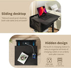 Rresyet Sliding Side Table Set of 2 with Charging Station & 2-Tier Storage,Farmhouse End Table, Wooden Nightstand for Bedroom & Living Room,White (Black)