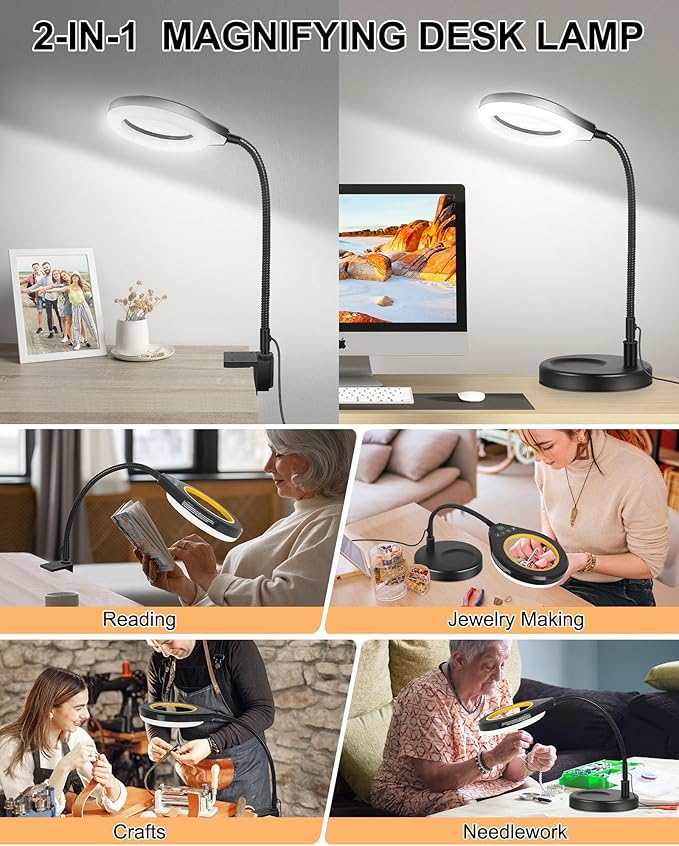 Flexible Gooseneck 2-in-1 Magnifying Glass with Light and Stand,10x & 5x Real Glass Lens Magnifying Lamp, 5 Color Stepless Hands-Free LED Desk Lamp with Clamp for Painting, Crafts, Reading (Yellow)