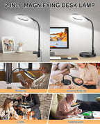 Flexible Gooseneck 2-in-1 Magnifying Glass with Light and Stand,10x & 5x Real Glass Lens Magnifying Lamp, 5 Color Stepless Hands-Free LED Desk Lamp with Clamp for Painting, Crafts, Reading (Yellow)
