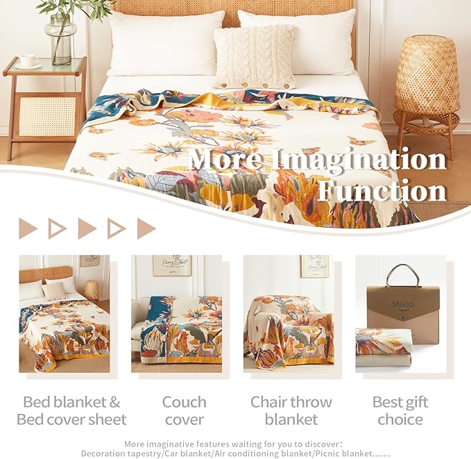 Floral Blanket Breathable Luxury Throw Rustic Quilt Lightweight Cotton Bedspread Multifunctional Blanket for Sofa Couch Chair (80"x90",02-Colorful Flowers)