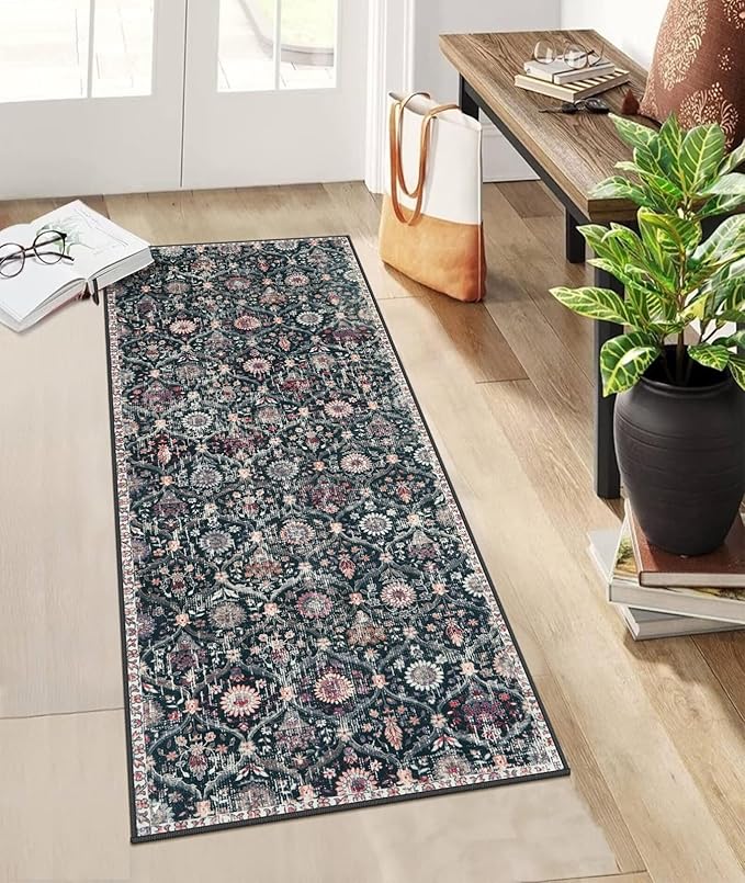 Lahome Moroccan Trellis Kitchen Runner, 2x5 Rug Runners for Hallways Non Slip Laundry Room Rug, Ultra-Thin Washable Vintage Carpet for Bedroom Bathroom, Black/Multi