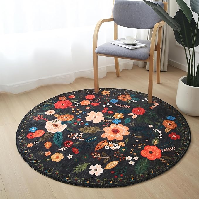 Round Rug 4ft Washable Circle Rug Non Slip Low Pile Boho Floral Small Circular Rug for Bedroom, Bathroom, Entryway, Kids Room, Office, College Dorm(Black)