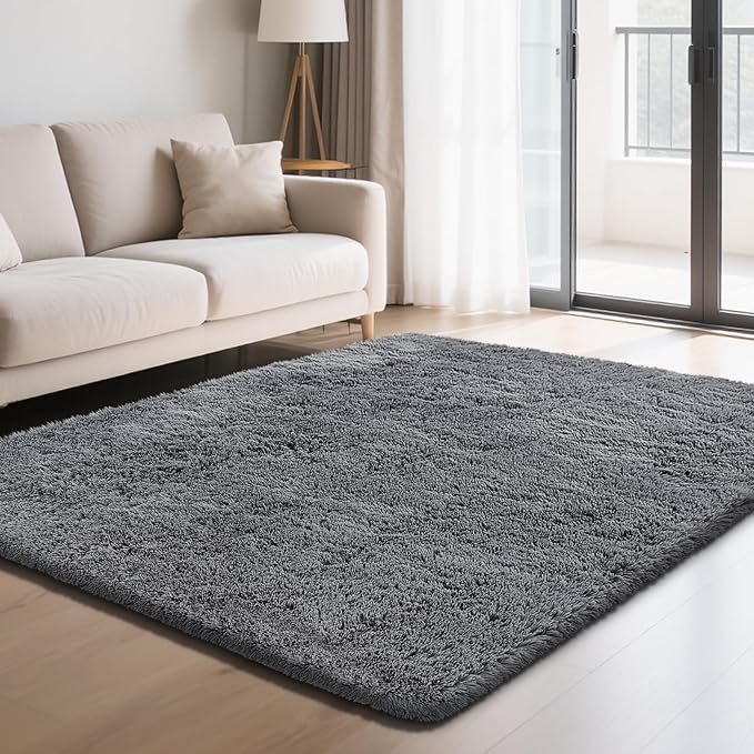 Fluffy Rug Shaggy Area Rug, Dark Grey 4x6 Area Rugs for Bedroom, Small Bedside Rug, Soft Fluffy Shaggy Entryway Throw Rugs for Living Room Bedroom Kids Room Home Decor