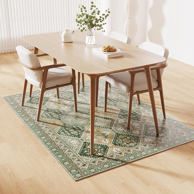 Floor Mat for Home 5×7ft, Easy Clean Plastic Rug-Like Pattern Area Mat for Living Room, Waterproof Vinyl Area Rug for Under Kitchen Table, No Slip Soft Vintage Rug for High Traffic Area (Green)