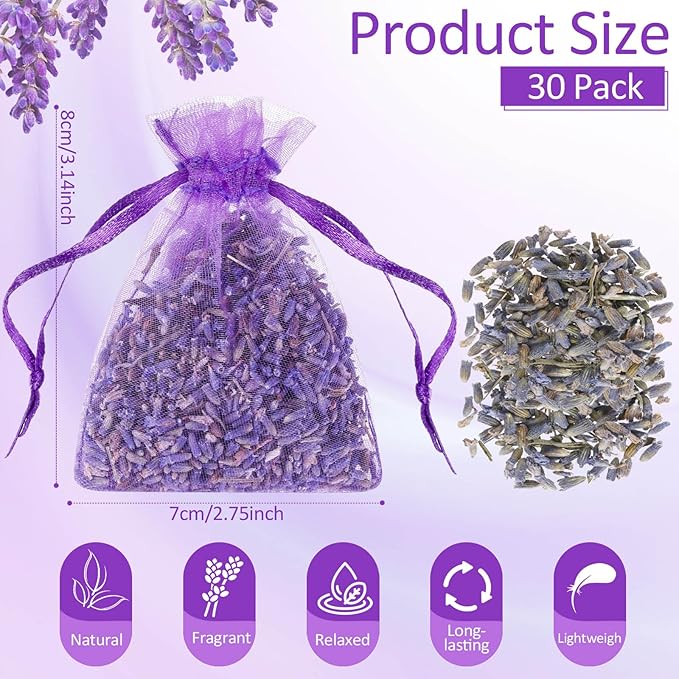 Reginary 30 Pack Lavender Sachets Bags Bulk for Drawers and Closets Home Fragrance Sachet Dried Lavender Flower for Wedding Bridal Shower Favors
