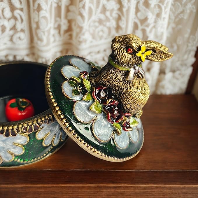 Handcrafted Rabbit Jewelry Box, Antique Gold Finish with Enamel Accents, Vintage Trinket Box for Rings and Small Keepsakes, Decorative Bunny Figurine Ornament
