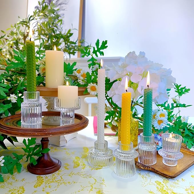 Double Sided Vintage Ribbed Taper Glass Candle Holders,Tea Candle Holder for Table Centerpieces, Wedding Decorations and Dinner Parties (Clear, 6 PCS)