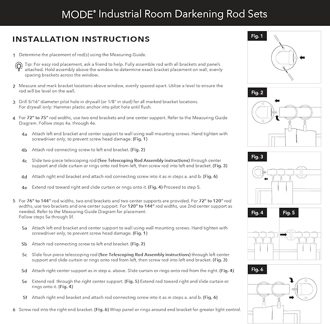 MODE Industrial Room Darkening Collection 1 1/8" Diameter Industrial Curtain Rod Set with Steel Wall Mounted Adjustable Curtain Rod, Blocks Light, Fits 72” to 144” Windows, Brushed Gold