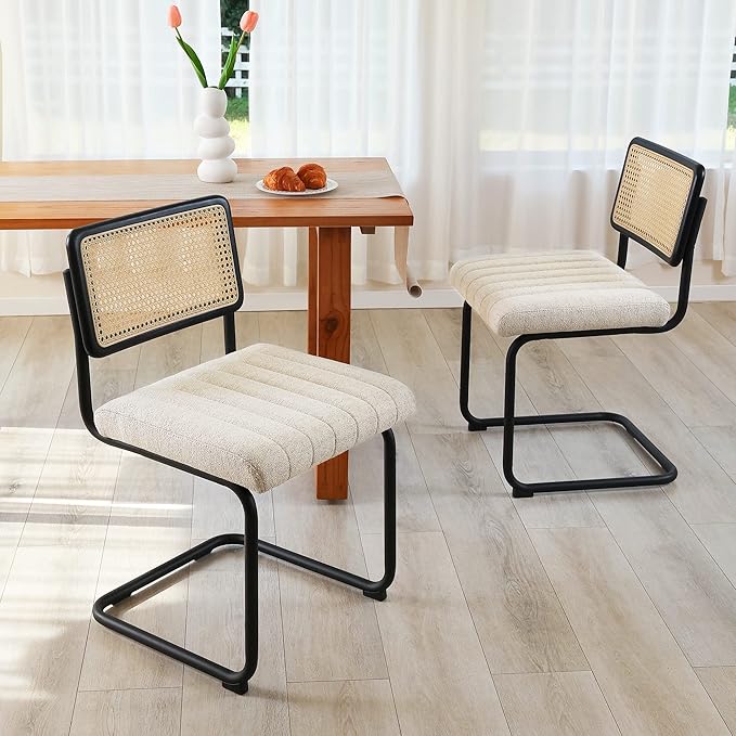 Natural Rattan Dining Chairs Set of 4, Modern Kitchen Chairs with Solid Wood Back, Upholstered Cesca Side Chairs with Comfy Linen Cushion