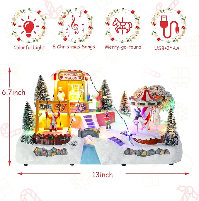 taman Christmas Village Houses - Musical Amusement Park Collectible Buildings with Merry-go-Around,Swing,Popcorn Wagon Ornaments for Christmas Holiday Decorations