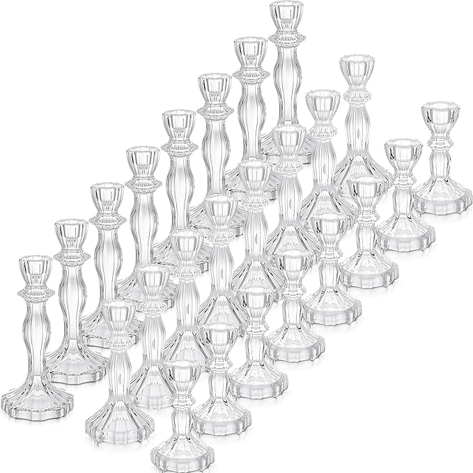 Mumufy 24 Pack Glass Taper Candle Holders Clear Candlestick Holder Fit 0.8 Inch Candles 4'' 6'' 8'' Tall Crystal Decorative Candlestick Stand Centerpiece for Table Wedding Dining Party (Classic)