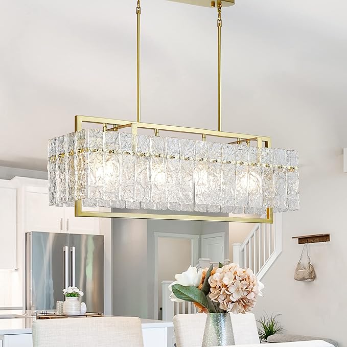 IKK Modern Gold Rectangle Chandeliers for Dining Room, Crystal Water Ripple Light Fixture, Elegant Farmhouse Linear Lighting for Kitchen Island, Bar Table, L33 x W9 x H12