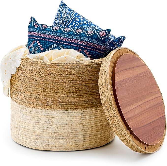 Wimarsbon Round Pouf Ottomans, Handwoven Natural Water Hyacinth Seagrass Pouffe,Outdoor Rattan Stool Accent Seat, Bohemian Coastal Home Decor (Storage - 18inch Natural Cattail & White Corn Shell)
