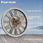 The B-Style Large Wall Clock 24 inch Moving Gear Wall Clock Oversized Vintage Farmhouse Wall Clocks for Living Room Decor Rustic Industrial Wood Clock (Silver Gray, 18 inch/46cm)