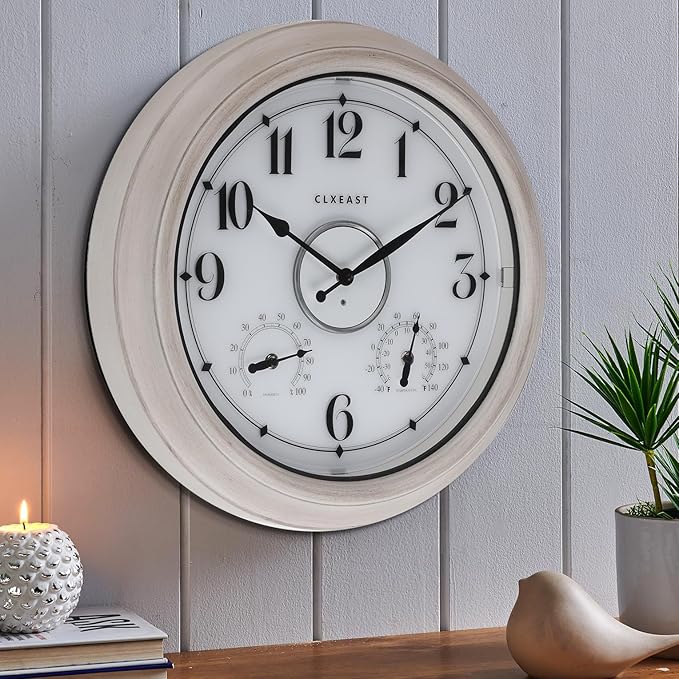 CLXEAST 18 Inch Illuminated Outdoor Clock with AI Smart Sensor, Large Farmhouse Wall Clock with Temperature & Humidity,Weathered White Finish,Unique House Warming Gifts