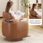 Modern 360° Leather Swivel Accent Chair with Adjustable Headrest, Chenille Accent Chair for Living Room, Vanity Chair for Makeup, Swivel Barrel Chair with Lumbar Pillow, Comfy Barrel Armchair, Camel