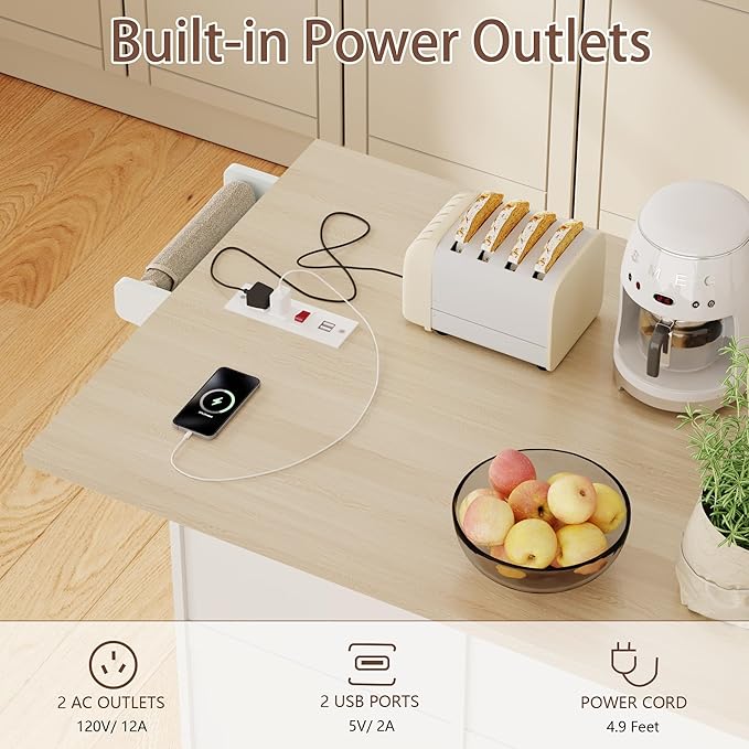 Kitchen Island with Drop Leaf & Power Outlet, Rolling Kitchen Island on Wheels with Trash Can Storage, Island Table Bar Cart with Spice Rack, Towel Rack, Drawers, Mobile Kitchen Carts on Wheels