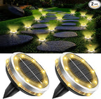 Solar Ground Lights Outdoor 2 Pack Waterproof, Upgraded Solar Garden Lights with 4 Side Light, Stainless Steel Solar Powered Disc Landscape Light for Walkway Pathway Lawn Yard Patio Deck-Warm White