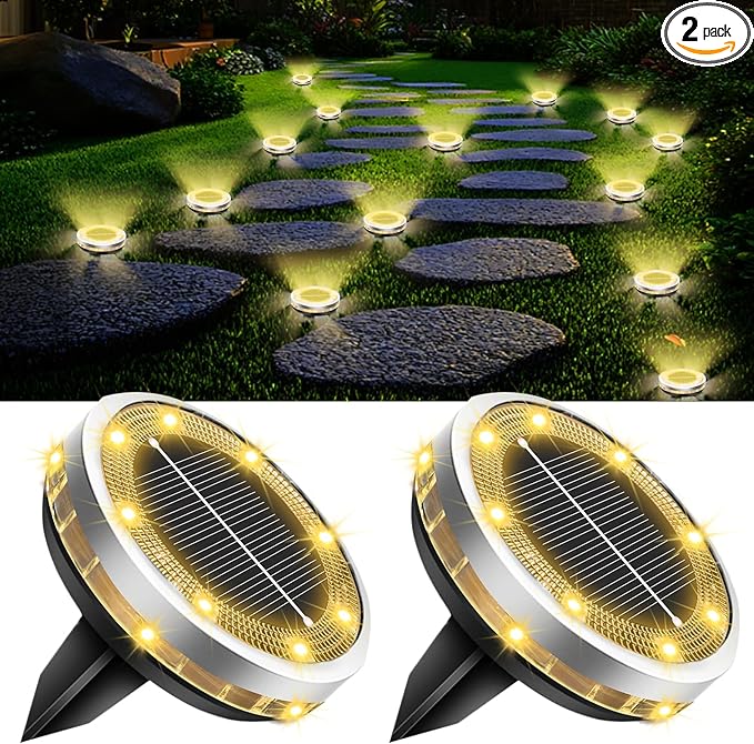 Solar Ground Lights Outdoor 2 Pack Waterproof, Upgraded Solar Garden Lights with 4 Side Light, Stainless Steel Solar Powered Disc Landscape Light for Walkway Pathway Lawn Yard Patio Deck-Warm White