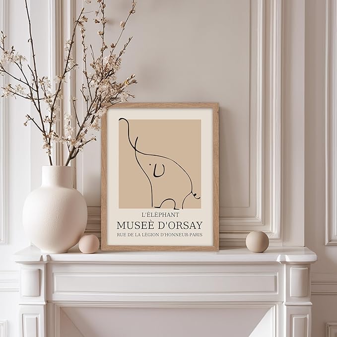 Poster Master Vintage Poster - Retro Minimalist Print - Gift for Artist, Housewarming - Elephant, Line Drawing, Sketch, Abstract - Wall Decor for Living Room, Bedroom, 8x10 Beige Framed