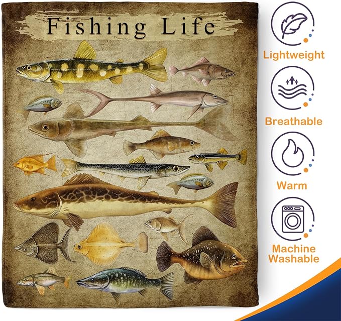 Fishing Blanket Gifts for Fisherman - Fish Lovers Throw for Men Boys Dad Women Adults Bedroom Decor Travel Camping Soft Fleece Cozy Bed Couch Birthday Christmas Lightweight Blanket 50"x60"