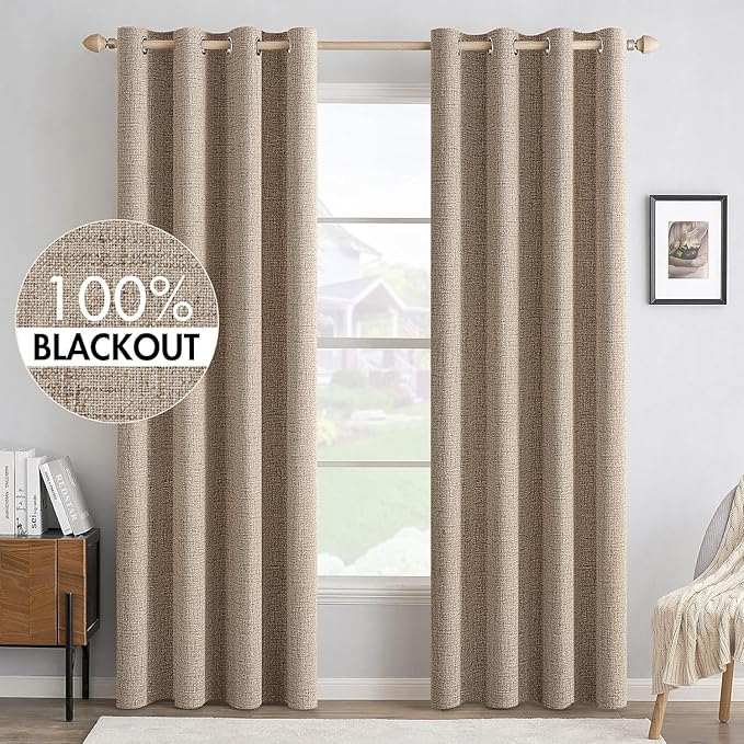 MIULEE 100% Blackout Linen Textured Curtains for Bedroom Solid Thermal Insulated Copper Brown Grommet Room Darkening Curtains & Drapes Luxury Decor for Living Room Nursery 52 x 108 Inch (2 Panels)