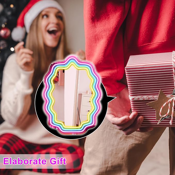 Kavaas Wavy Neon Mirror 16.9" x 12.7", LED Wave Mirror with Lights for Bedroom, Girls Room - Best Gifts for Teen Girls, Birthday, Christmas
