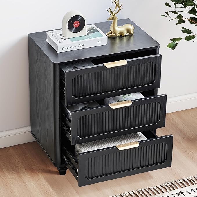 Fluted Nightstand Set 2 22.9'' Wood Nightstands with Drawers Bedside Table Set of 2 Mid Century Drawer Dresser for Bedroom Living Room Black