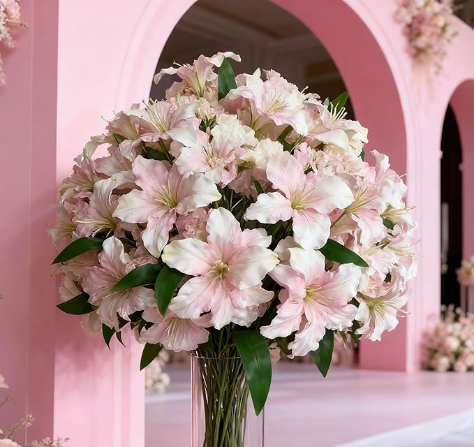 10-Bud Artificial Lily Flowers, 4 Pcs Fake Outdoor Flowers, UV Resistant Faux Flowers for Outdoor Planters, Silk Flowers for Wedding Decoration (Pink)