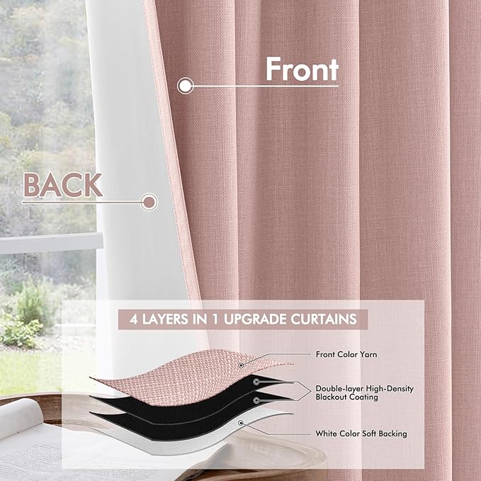 MIULEE 100% Blackout Curtains 120 Inch Long 2 Panels for Bedroom, Thick Luxury Faux Linen Black Out Curtain Room Darkening Back Tab Pleat Window Textured Drapes with Hooks for Living Room, Baby Pink