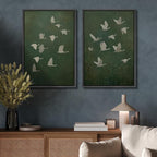 SIGNFORD Framed Canvas Print Wall Art Set Flight of Cranes Elegant Birds in Soft Green Hues Illustration Modern Art Decorative Nordic Nature for Living Room, Bedroom, Office - 24"x36"x2 Black