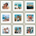 Vittanly 12x12 Picture Frames Set of 9, Shatter Resistant Plexiglass, Display 8x8 Pictures with Mat or 12x12 without Mat, Photo Frames for Wall Mount, Engineered Wood, Driftwood