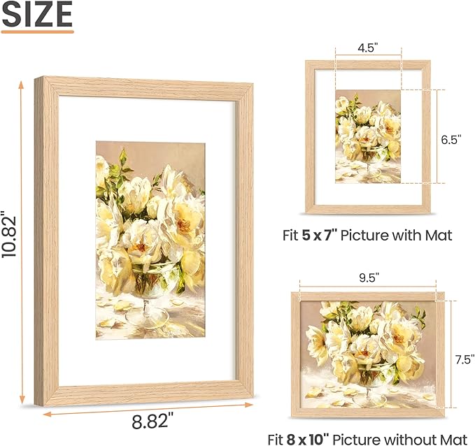 upsimples 8x10 Picture Frame, Natural Solid Wooden Picture Frames, Display 5x7 with Mat or 8 x 10 Without Mat, Wall or Tabletop, 1 Pack, Natural