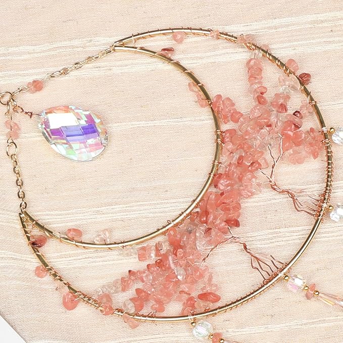 Pink Gemstone Large Moon Dream Catcher Chakra Tree of Life Dream Catcher with Crystals and Prismatic Glass Pendant Handmade Dreamcatcher Suncatcher Wall Decor for Adults Bedroom Garden Bless Gift