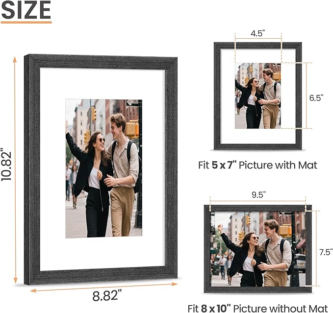 upsimples 8x10 Picture Frame, Natural Solid Wooden Picture Frames, Display 5x7 with Mat or 8 x 10 Without Mat, Wall or Tabletop, 1 Pack, Black