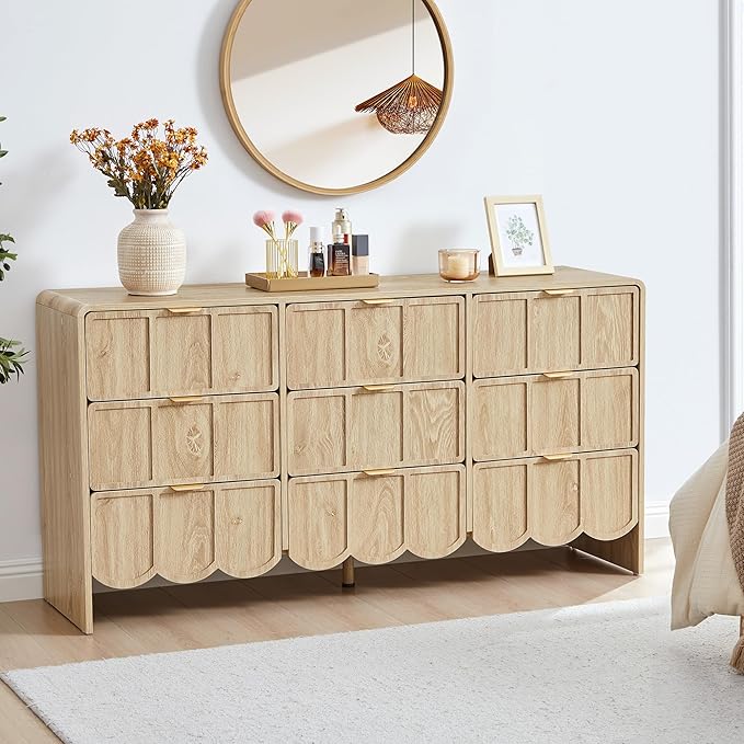 9 Drawer Dresser for Bedroom, Modern Closet Chest of Drawers with Wave Fluted Drawer, Wood Storage Small Dresser Organizer for Nursery Bedroom Living Room Hallway Closet (Natural)