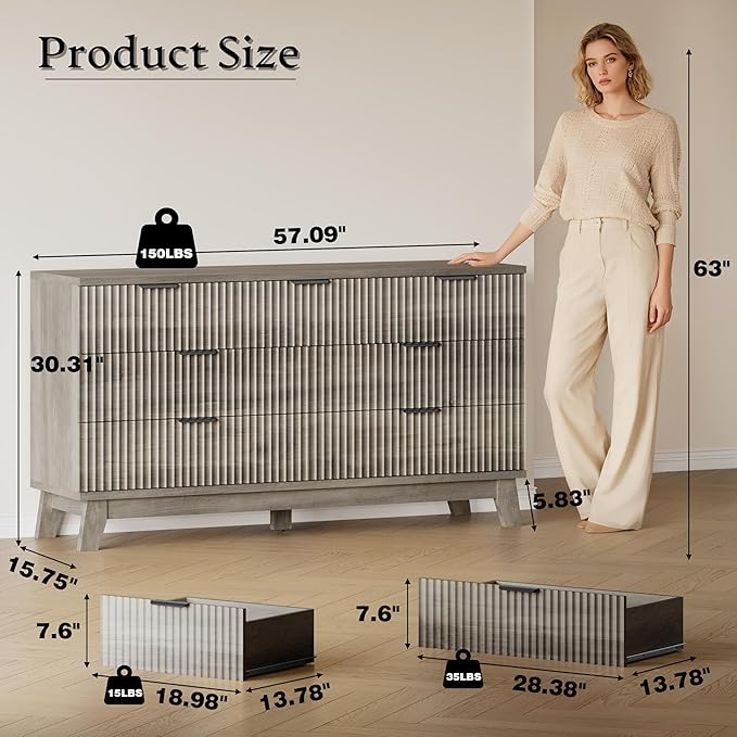 57" Long Dresser for Bedroom, 7-Drawer Fluted Chest, Wide Wood Storage Dresser with Metal Slides and Handles, Stable Base, Modern Clothes Organizer for Primary Suite, Guest Room, Nursery