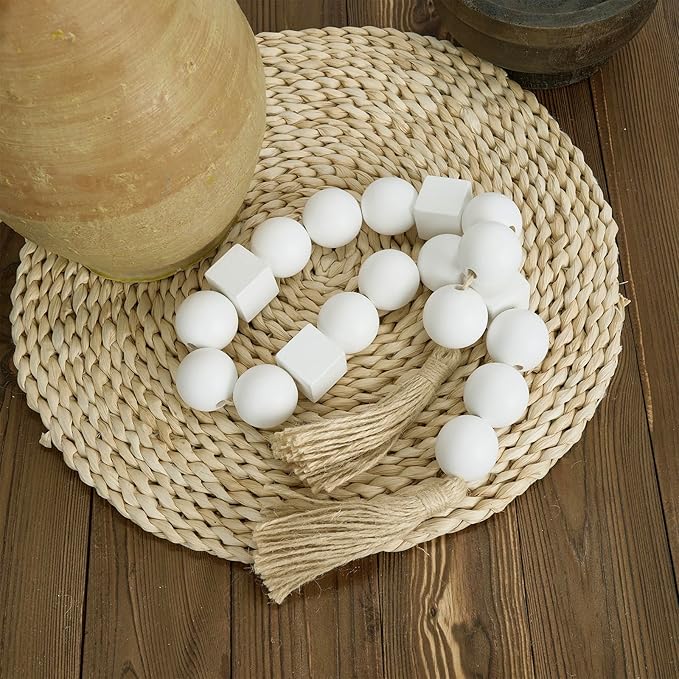 OMISHE White Extra Large Wood Bead Garland with 1.6" Diameter Wooden Beads and Tassels, 41.5" Long Rustic Farmhouse Country Boho Decorative Beads for Home Decor Tiered Tray Decor