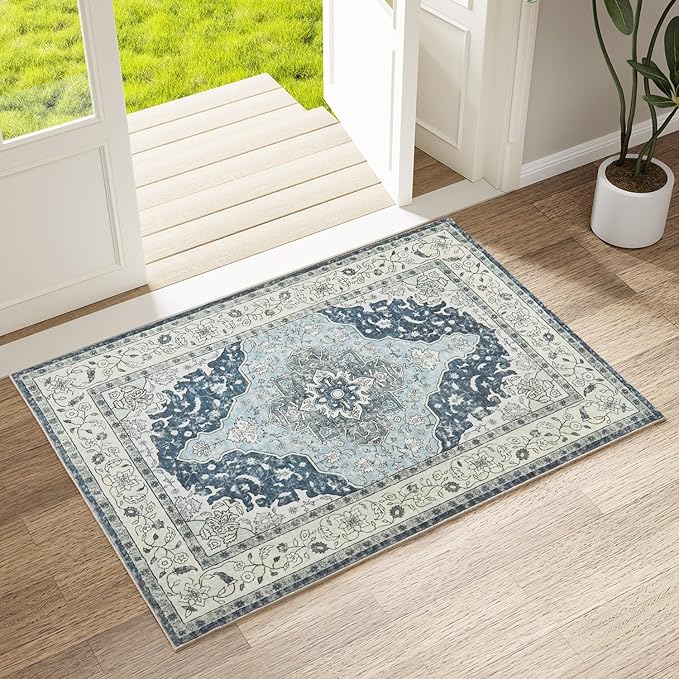 Topllen Entryway Rug - 2'x3' Boho Soft Low Pile Washable Area Rug, Non-Slip Small Rugs Indoor for Front Door Entrance Kitchen Bathroom, Vintage Carpet Stain Resistance (Blue, 2x3ft)