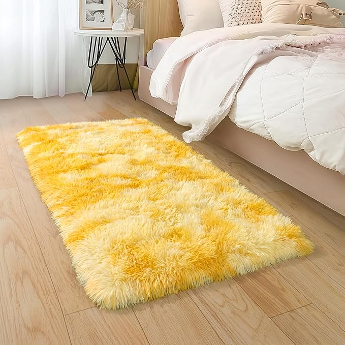 Small Rugs for Bedroom, 2x4 Fluffy Rug, Non-Slip Shag Soft Area Rug, Fuzzy Carpet for Kids Girls Boys, Modern Home Decor Aesthetic, Tie-Dyed Yellow