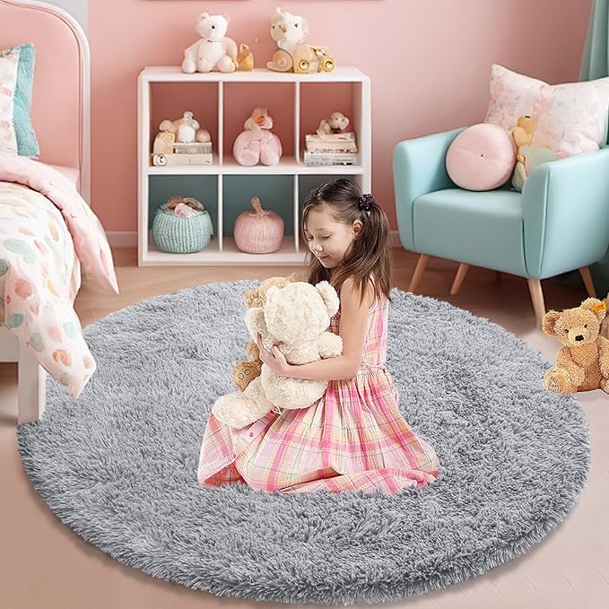 Soft Round Area Rug for Kids Bedroom, Fluffy Fuzzy Shaggy Rug 4'X4'for Living Room, Non Slip Circle Plush Rug for Girls Room Nursery Dorm Decor,Light Grey