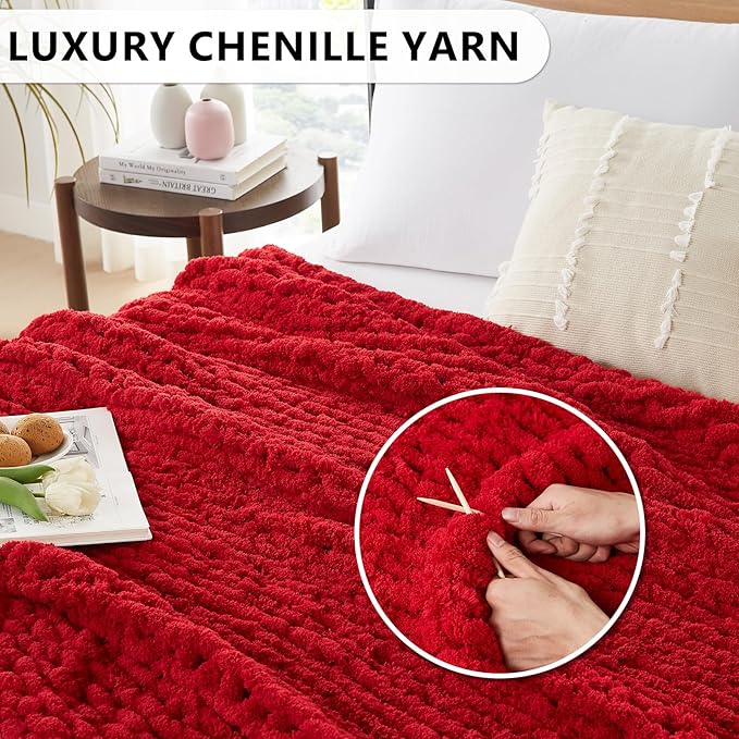 L'AGRATY Chunky Knit Blanket Throw - Soft Chunky Throw Blanket 50x60: 100% Hand Kintted Chenile Crochet Blanket Large Cable Knit Chunky Blanket - Rope Knot Throw Blanket for Couch Home Decor(Red)