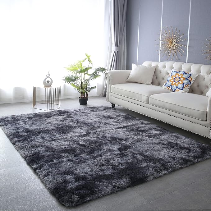 CAIYUECS Shag Area Rug,Indoor Ultra Soft Plush Rugs for Bedroom Living Room, Non-Skid Modern Nursery Faux Fur Rugs for Kids Room Home Decor (Tie-Dyed Dark Gray, 6x9 Feet)