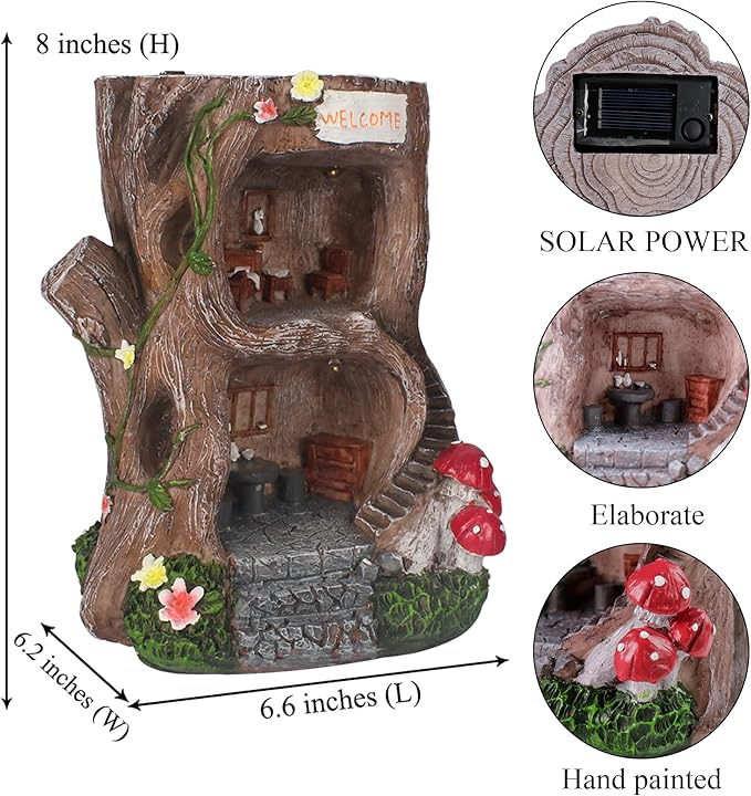 Solar Light Gnome Fairy Garden House for Outside, Big Size Fairy Miniature Buildings Accessories House Sculptures for Outdoor Garden Patio Lawn Path Decorations, 8" Tall